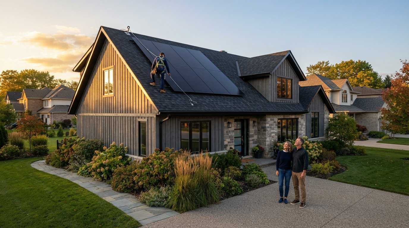 All-black solar panels mounted nearly flush on a dark shingled roof of a modern suburban home at golden hour, with an…