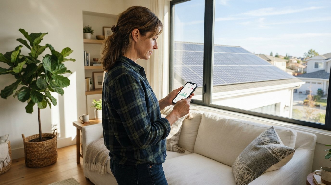 Man holding smartphone with solar monitoring dashboard showing alert, rooftop solar panels visible through window