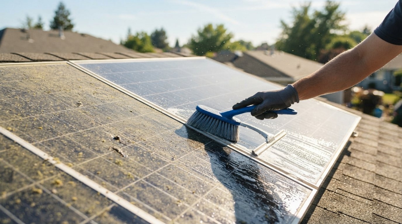Gloved hand cleaning a dusty solar panel, showing a dirty pollen-covered section beside a gleaming clean area