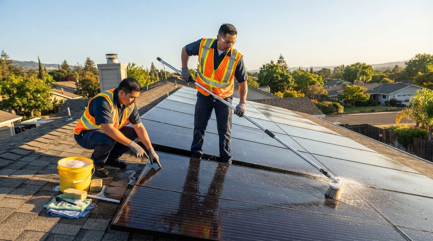 Technician in a high-visibility vest and gloves cleaning wet solar panels with a soft-bristled water-fed pole while another…