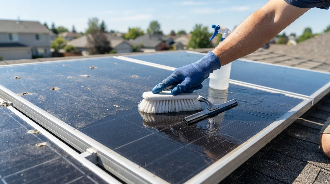 Gloved hand cleaning a dark solar panel with a soft white brush, showing a clean shiny section next to a dusty patch with…