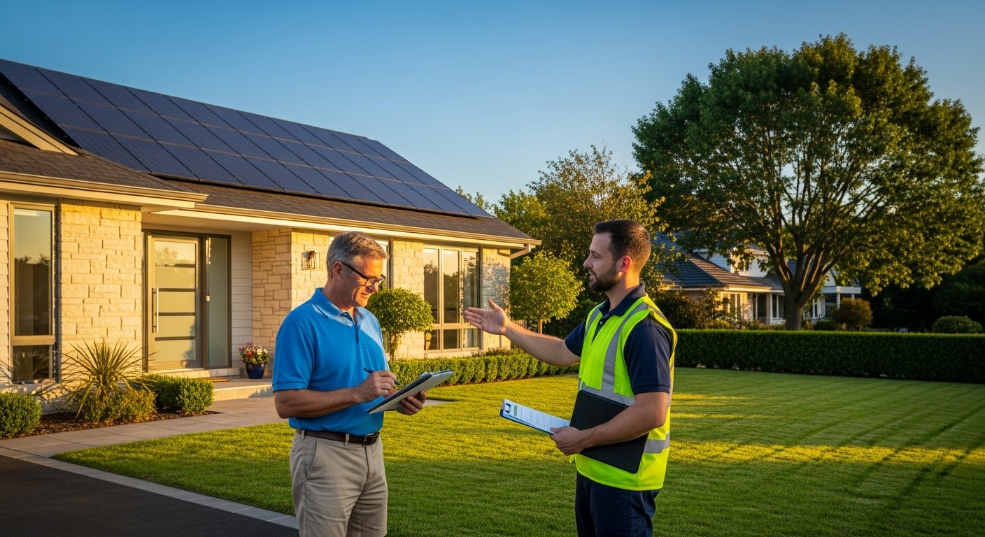 Homeowner with tablet talks to solar installer in front of suburban house with rooftop solar panels at sunset