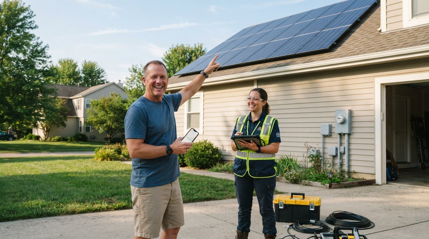 Smiling homeowner in a driveway points at new rooftop solar panels while holding a smartphone with a solar quote, next to…