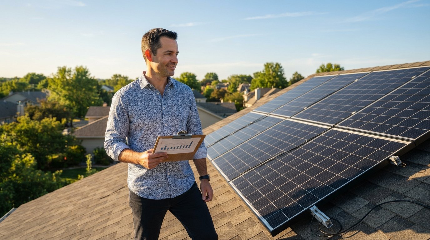 Man in button-down shirt holding a clipboard with a performance chart beside rooftop solar panels under a clear blue sky