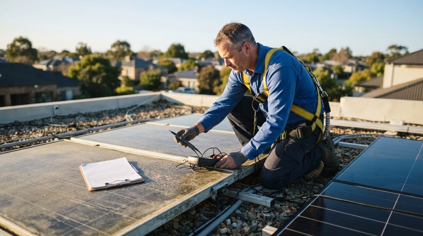 Solar technician in blue work shirt and safety harness kneels on rooftop testing an aged solar panel with a multimeter,…