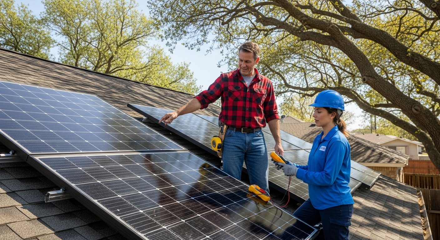 Middle-aged man in plaid shirt on a roof points at a glossy black solar panel while an installer in a blue uniform holds a…