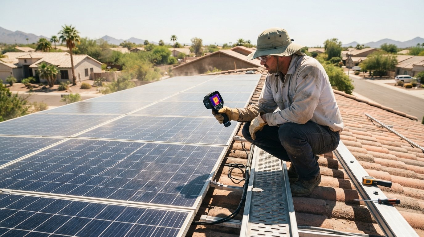 Technician in a wide-brim hat and safety gloves crouches beside dark solar panels on a sunlit roof, holding a thermal…