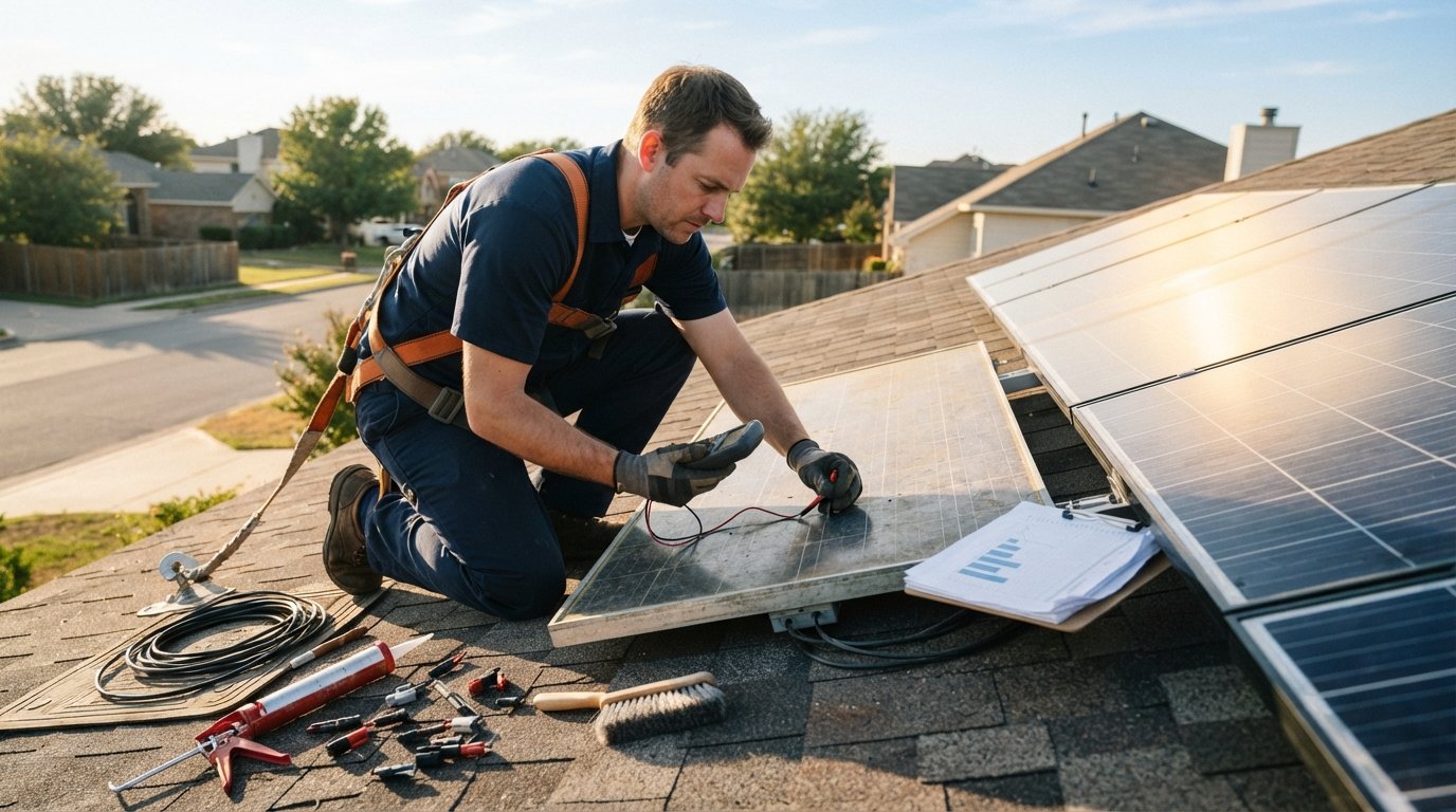 Solar technician in navy uniform testing a weathered rooftop solar panel with a multimeter beside newer panels