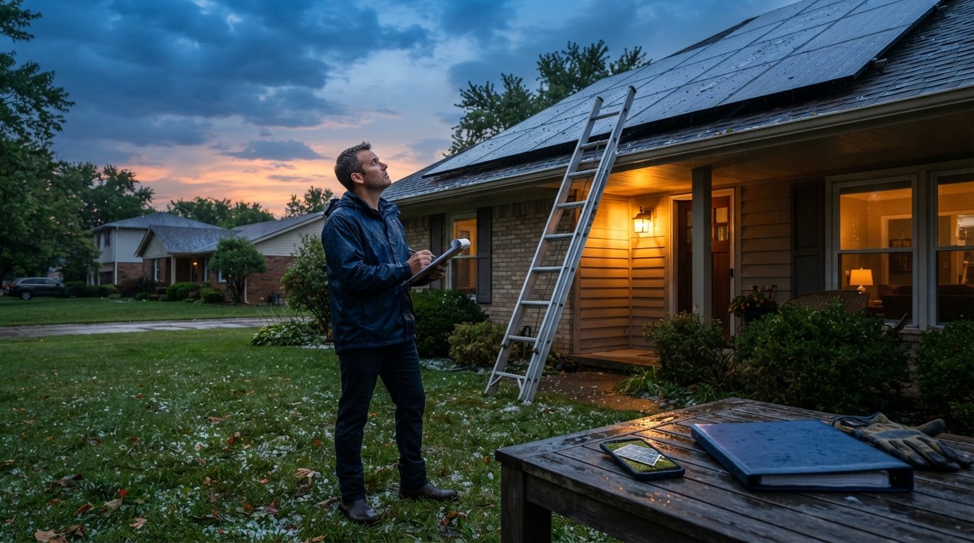 Homeowner in rain jacket on front lawn at dusk holding clipboard, inspecting rooftop solar panels with hailstones on grass…