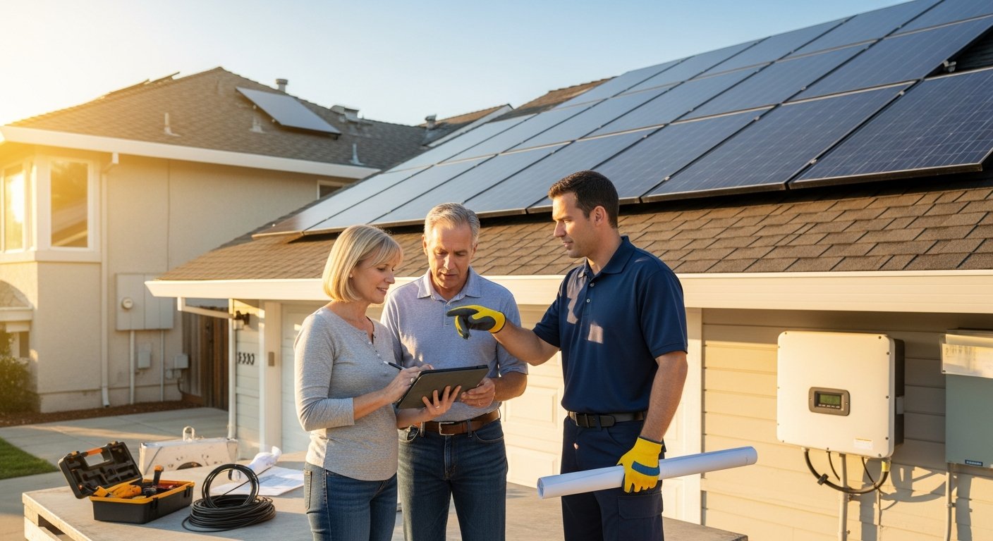 Middle-aged couple and solar installer review a tablet in a driveway while pointing to photovoltaic panels on the roof