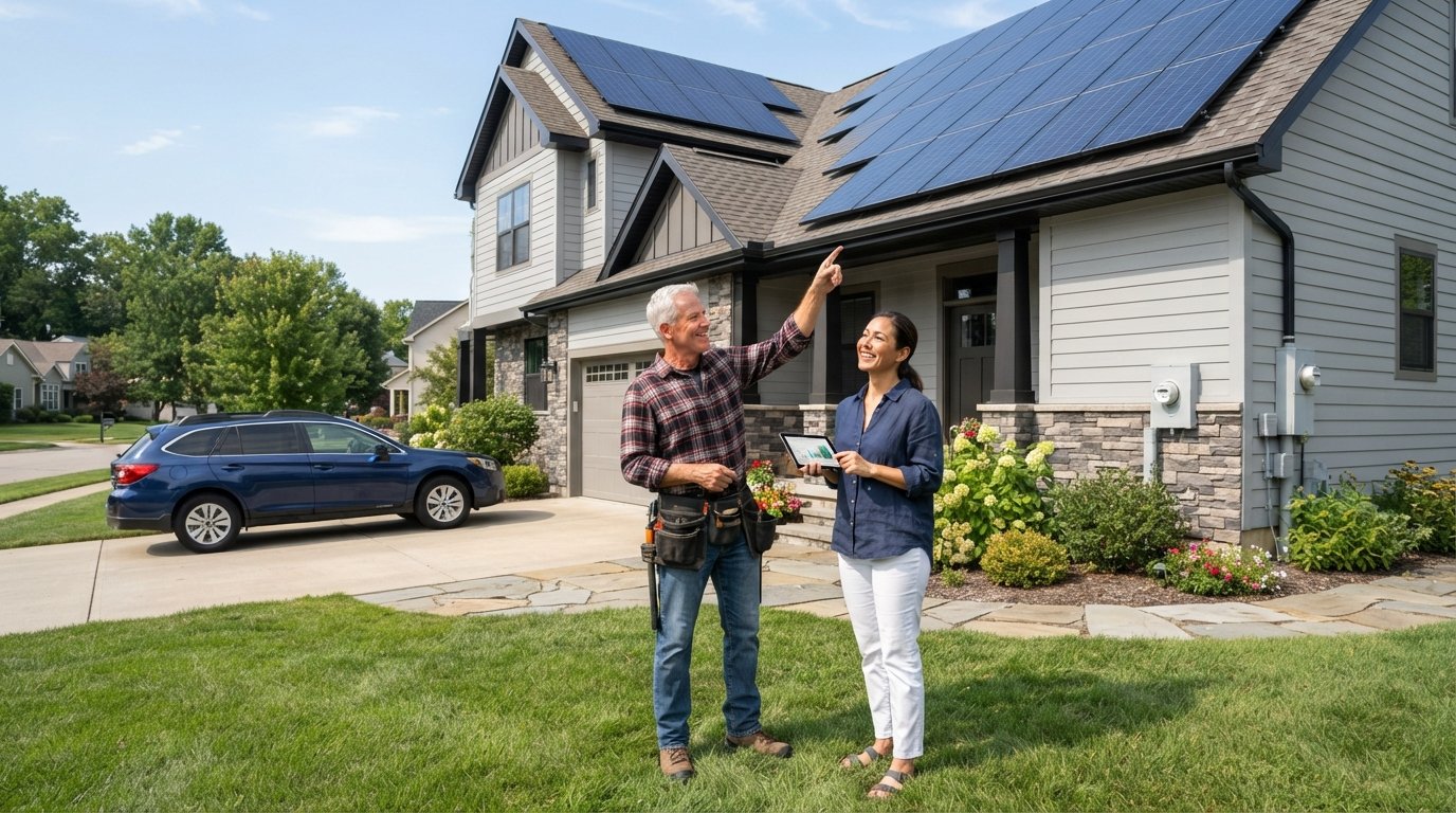 Contractor in plaid shirt points to rooftop solar panels while a smiling homeowner holds a tablet on a sunny lawn