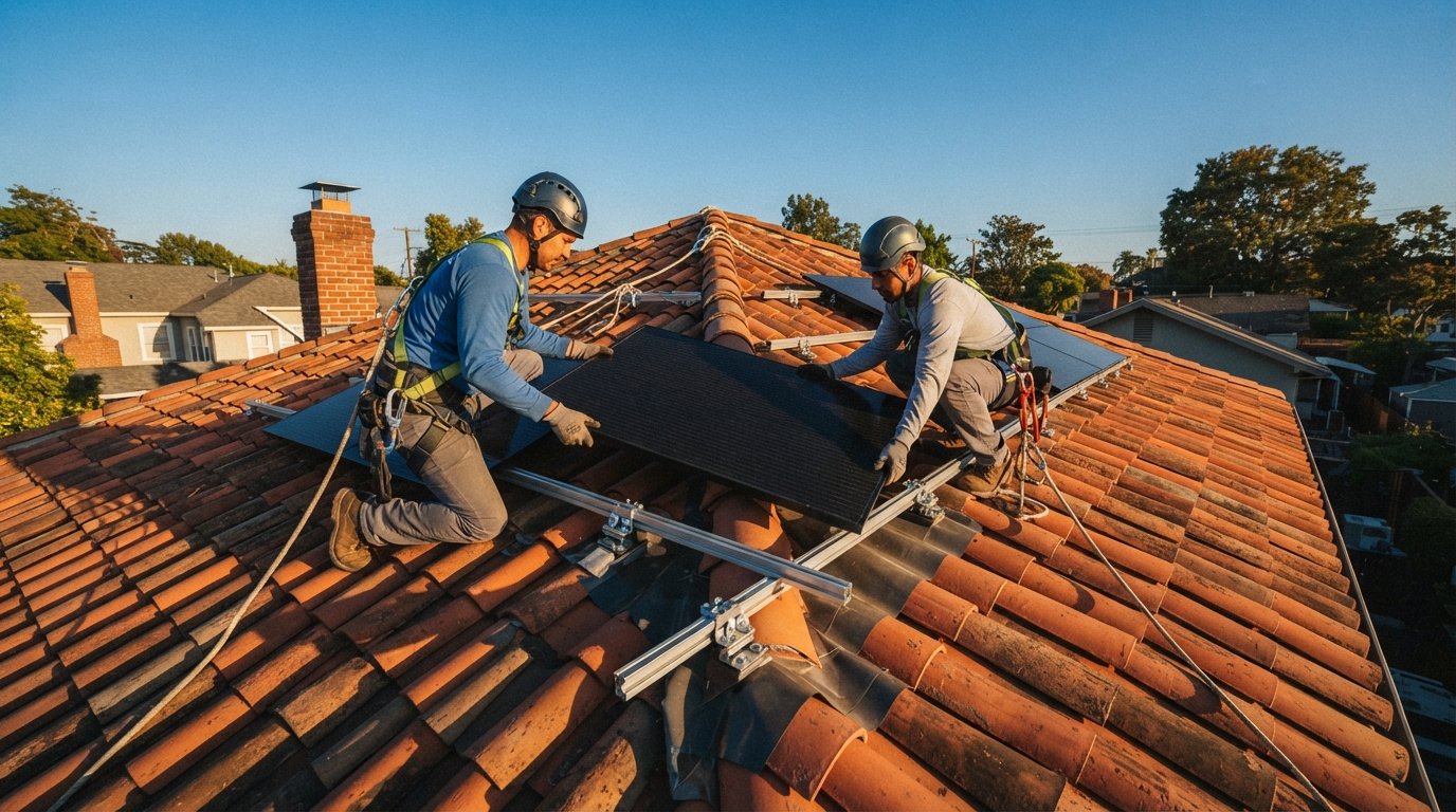 Two installers in safety harnesses positioning a solar panel on a curved terracotta clay tile roof with non-penetrating…