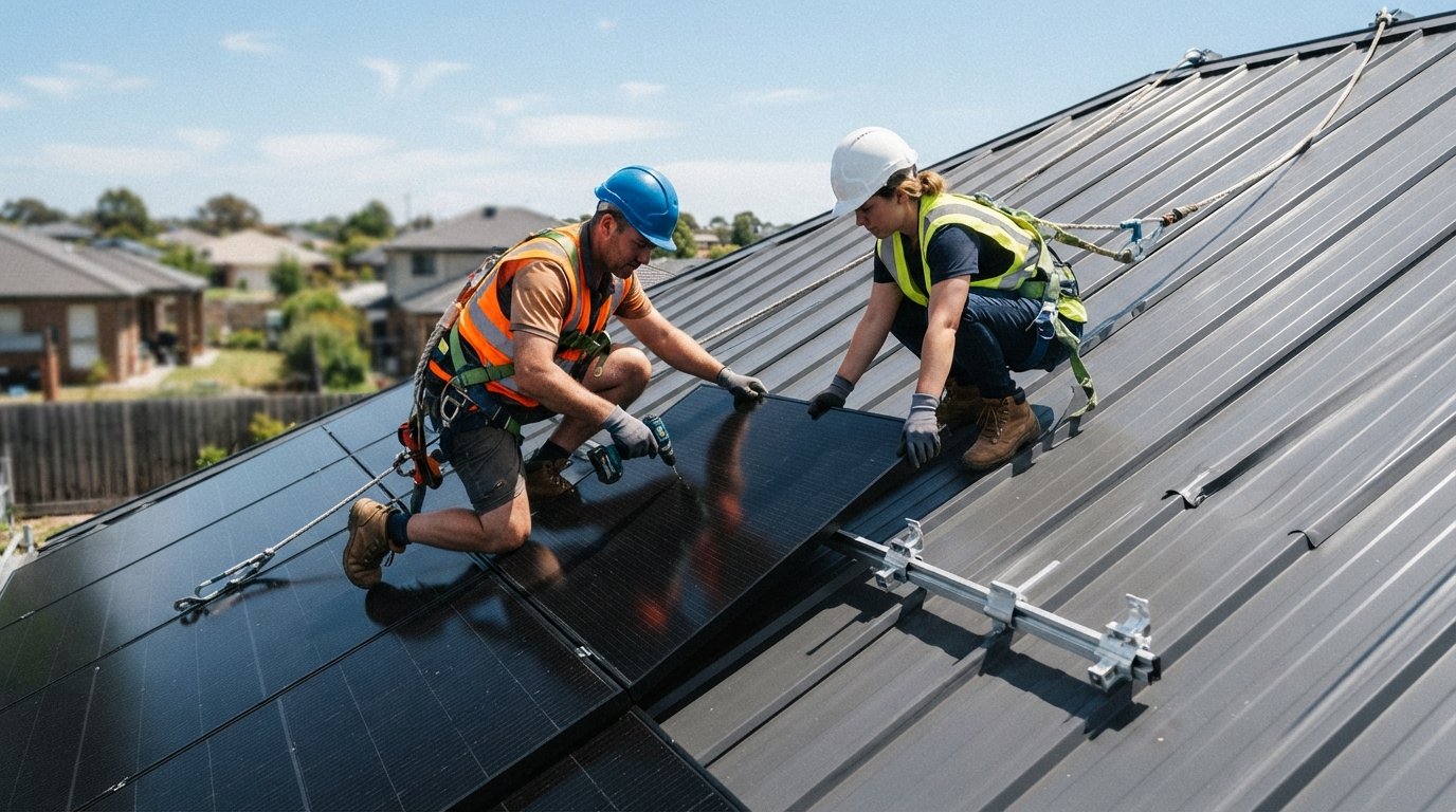 Two installers in safety harnesses and hard hats mounting a black solar panel on a charcoal gray standing seam metal roof…