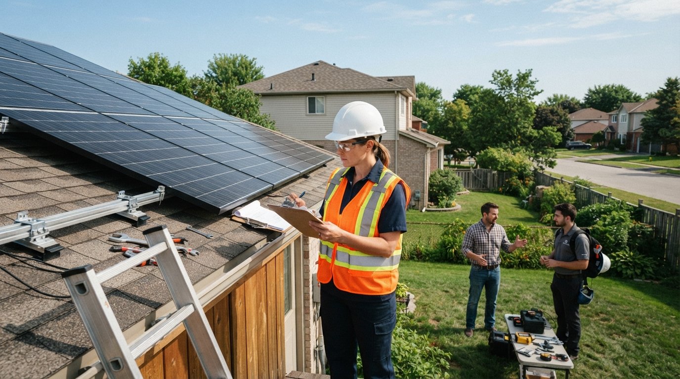 Building inspector in hard hat and safety vest with clipboard beside rooftop solar panels while a homeowner and installer…