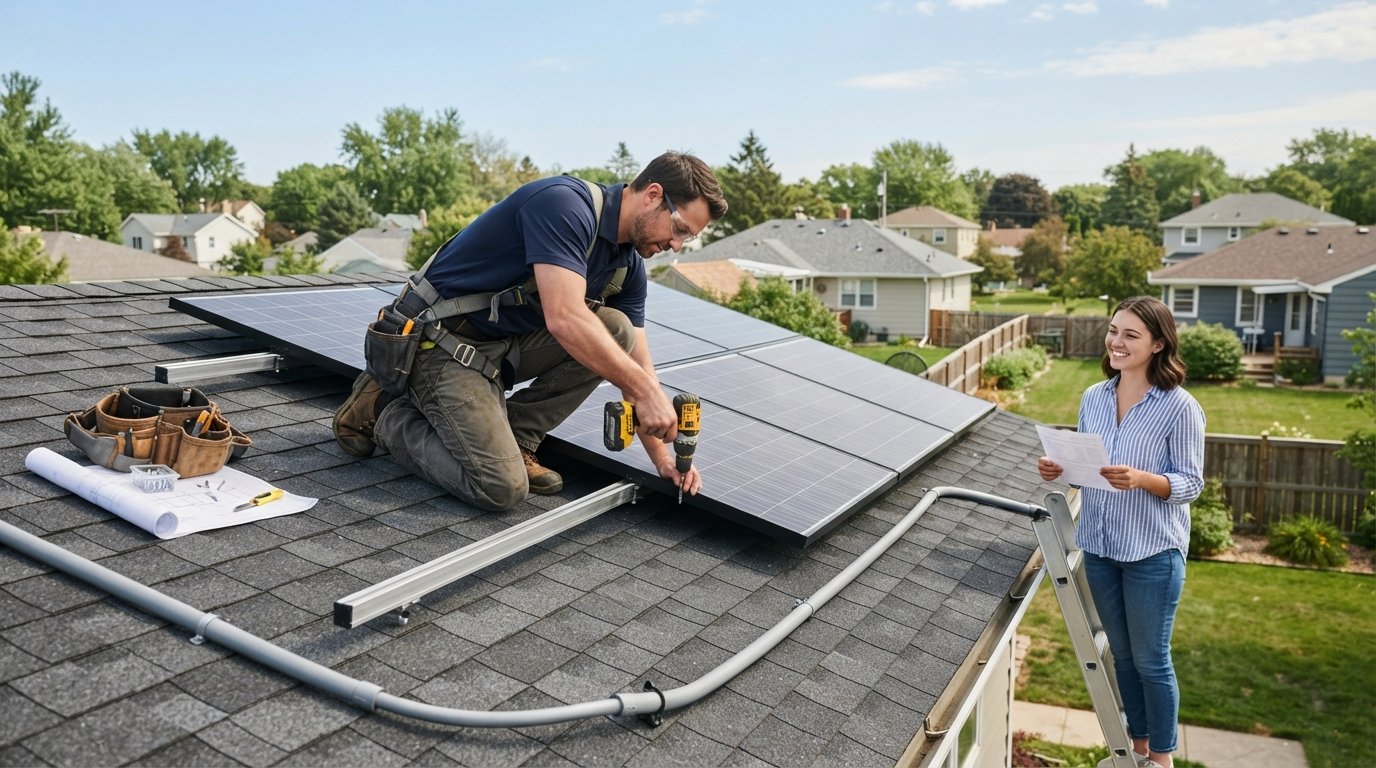Male contractor drills a solar panel into a roof mount while a woman holding a permit document watches
