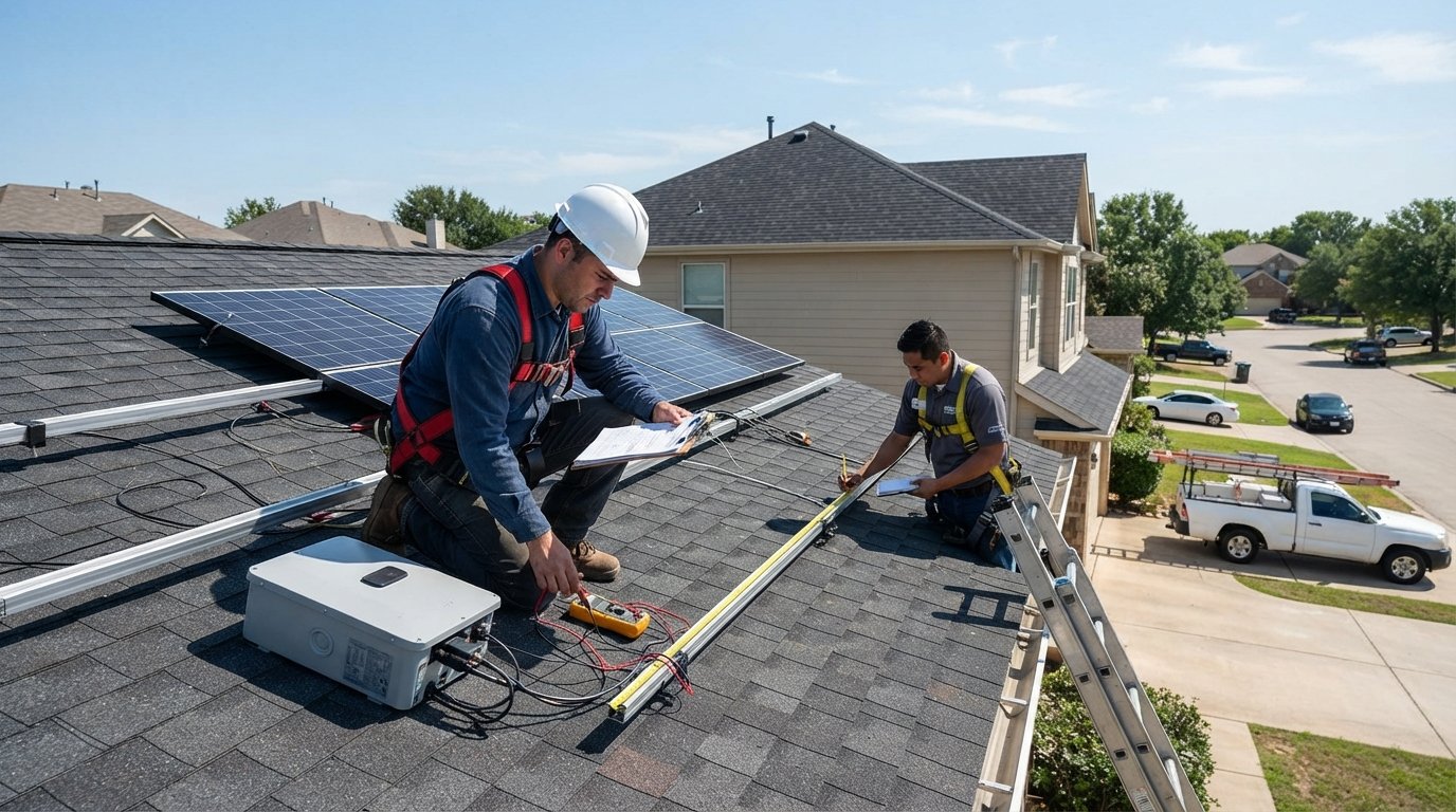 Solar technician in safety harness and hard hat testing a rooftop electrical panel with a multimeter while another…
