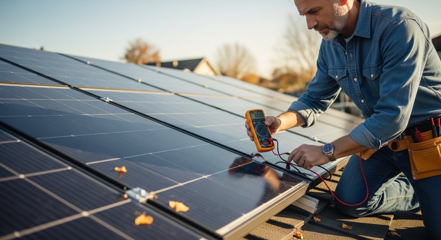 Close-up of a homeowner in a tool belt using a digital multimeter on a dark-blue solar panel mounted on a residential roof…