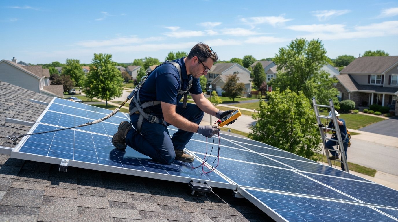 Solar technician in navy uniform kneeling on a shingle roof, testing a deep-blue solar panel with a digital multimeter…