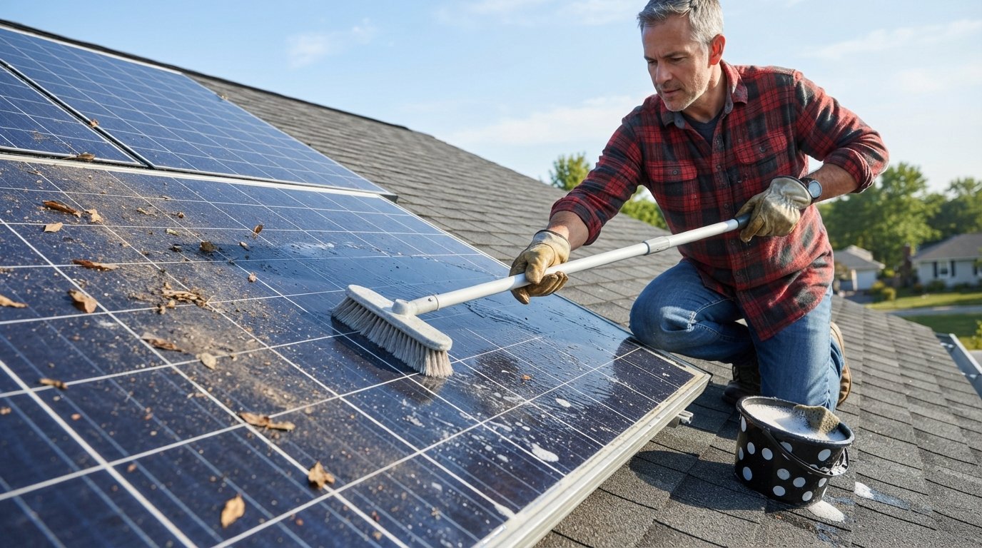 Person in work gloves cleaning a dark blue solar panel with a soft-bristle brush on a roof, with leaves and dust visible on…
