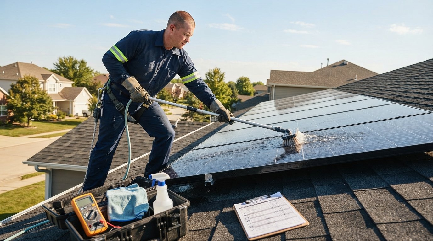 Solar technician in navy uniform and gloves cleaning dark photovoltaic panels with a soft-bristle brush and hose on a sunny…