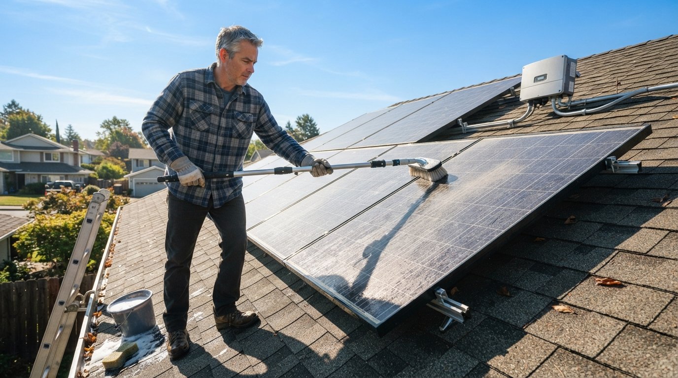 Person in work gloves cleaning a solar panel array with a soft-bristle brush attached to a long pole on a sunny roof.