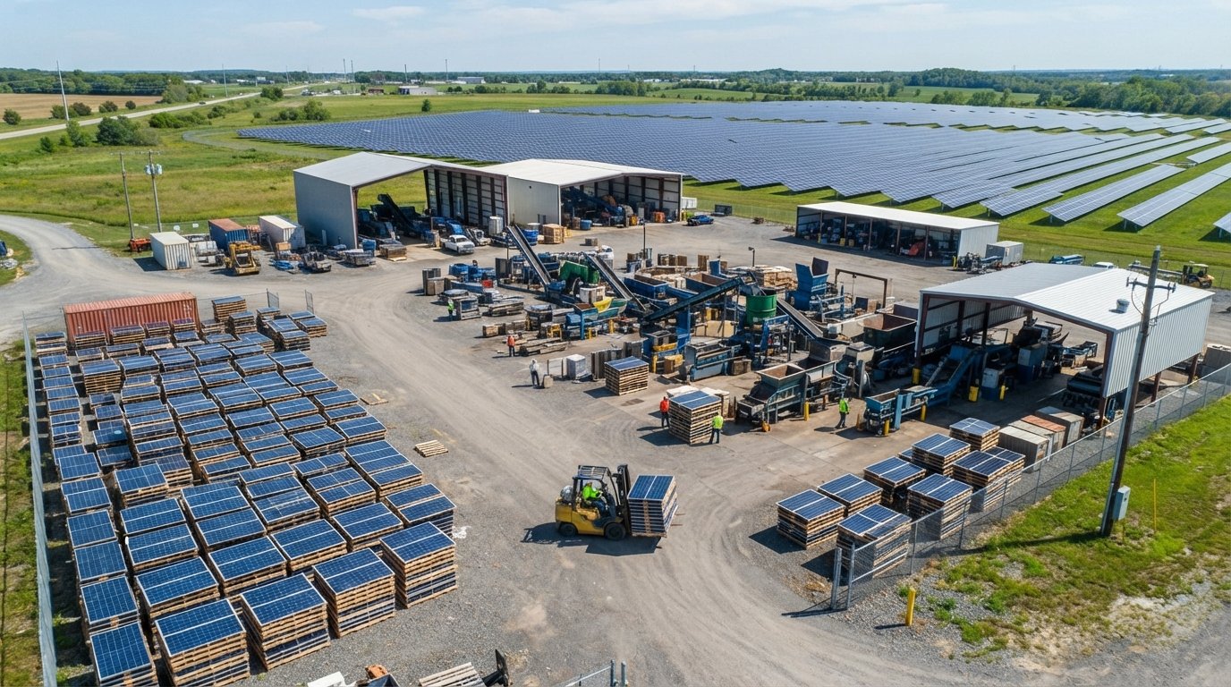 Aerial view of a solar recycling yard with stacked blue-black panels on pallets, a worker in a yellow vest driving a…