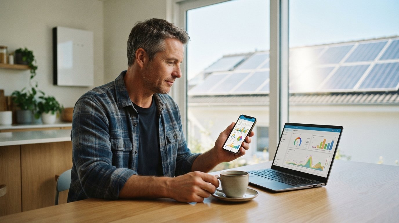 Homeowner at a kitchen table holding a smartphone with a colorful energy dashboard, laptop displaying monitoring charts,…