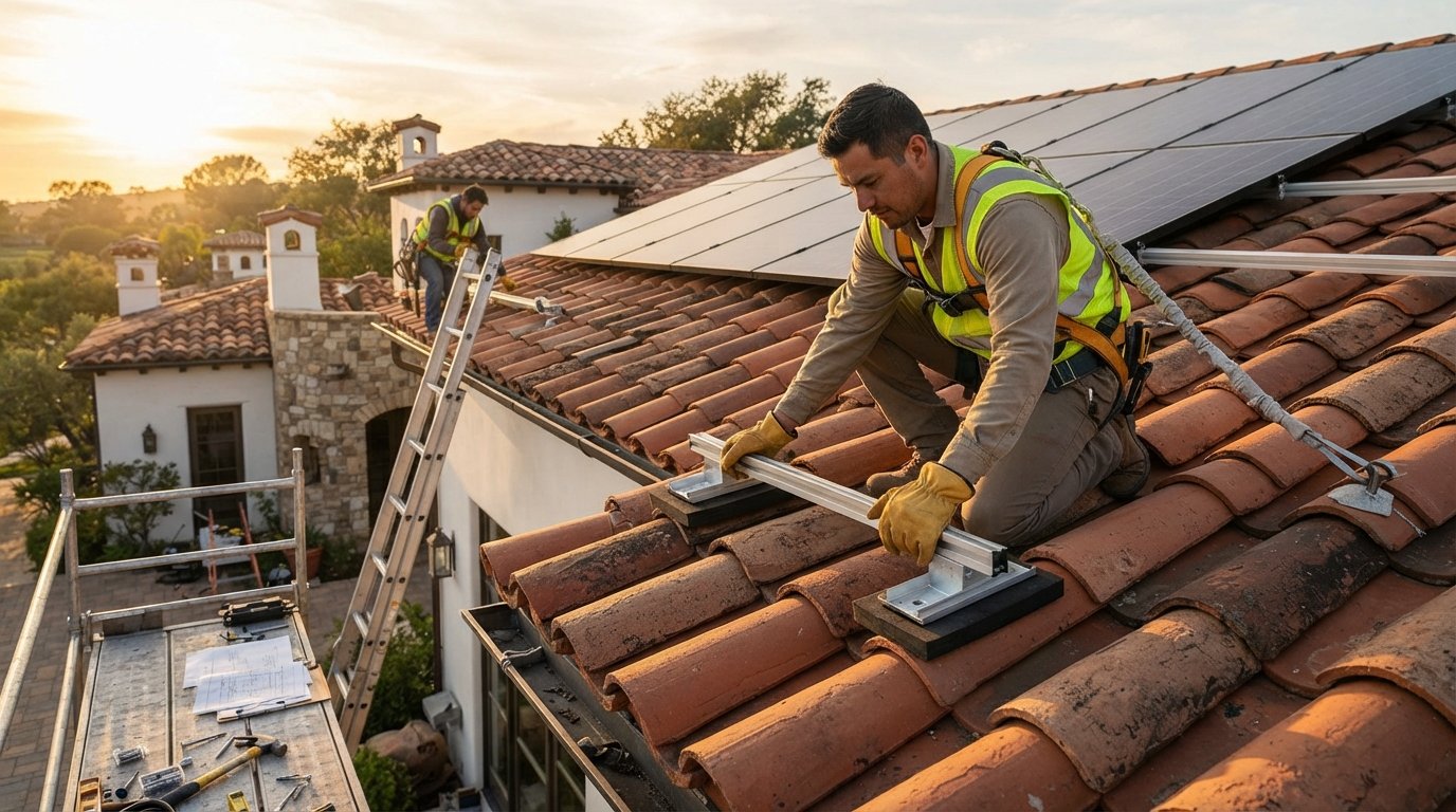 Solar installer in safety harness placing an aluminum mounting bracket on curved terracotta roof tiles with rubber pads,…