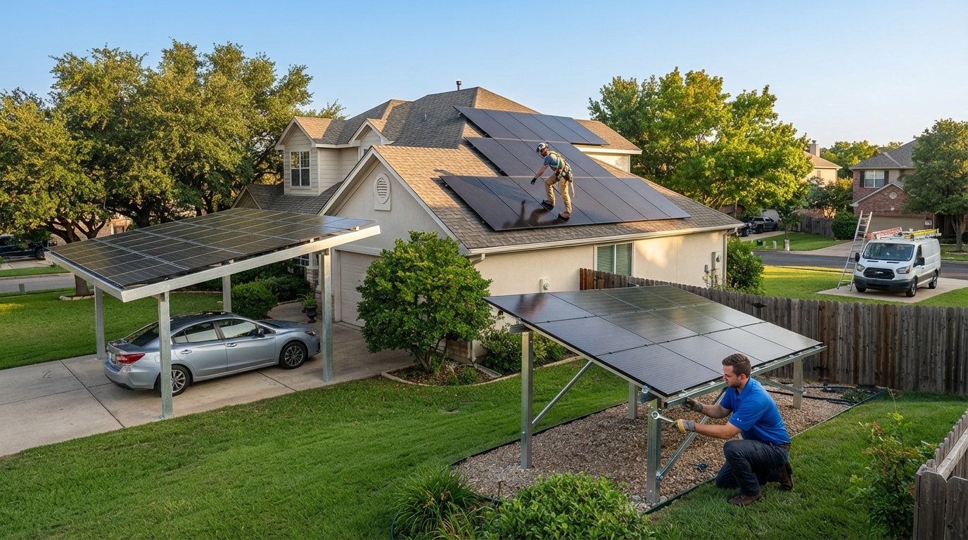 Three solar panel mounting systems on a suburban property: flush-mounted panels on an asphalt shingle roof, a tilted…