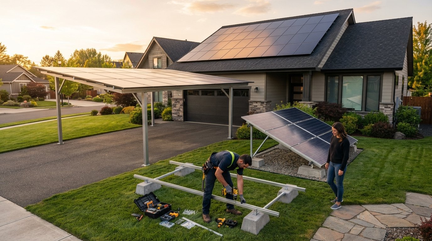 Rooftop solar array, tilted ground-mounted panels, and carport canopy with an installer securing a mounting rail at a…