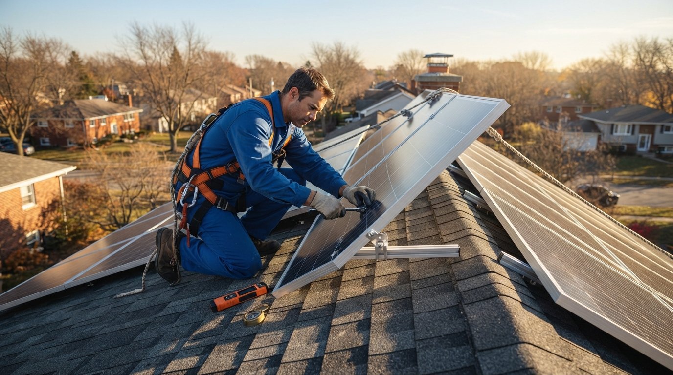 Technician in blue uniform and safety harness adjusts a rooftop solar panel's tilt with a wrench, array angled toward a…