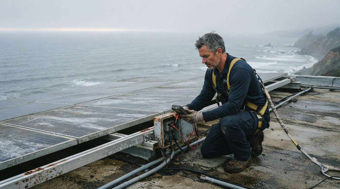Technician in safety harness testing a junction box on a salt-streaked rooftop solar array above a foggy ocean at dawn