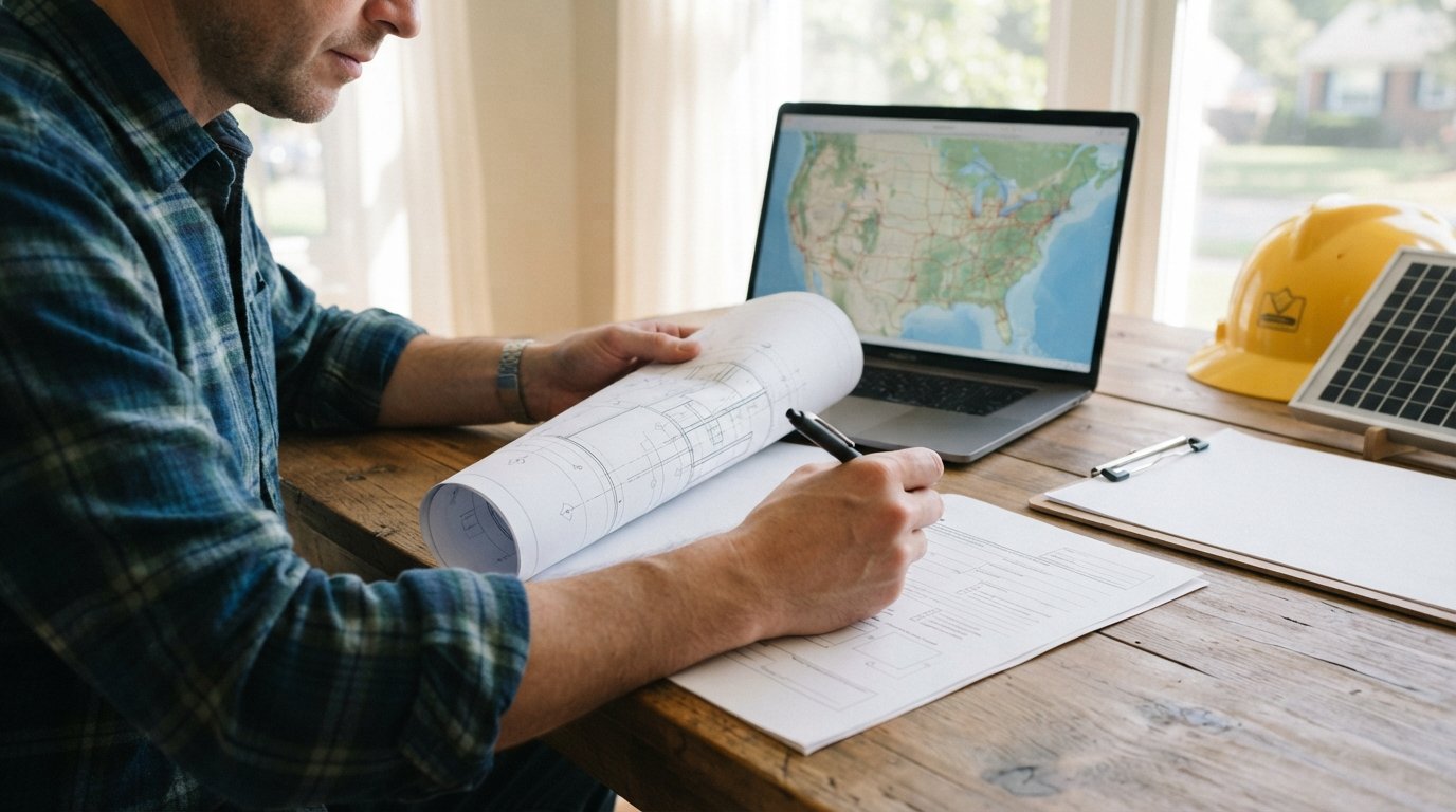 Hands holding a pen and rolled blueprint over a solar permit application on a wooden table with a laptop and hard hat nearby