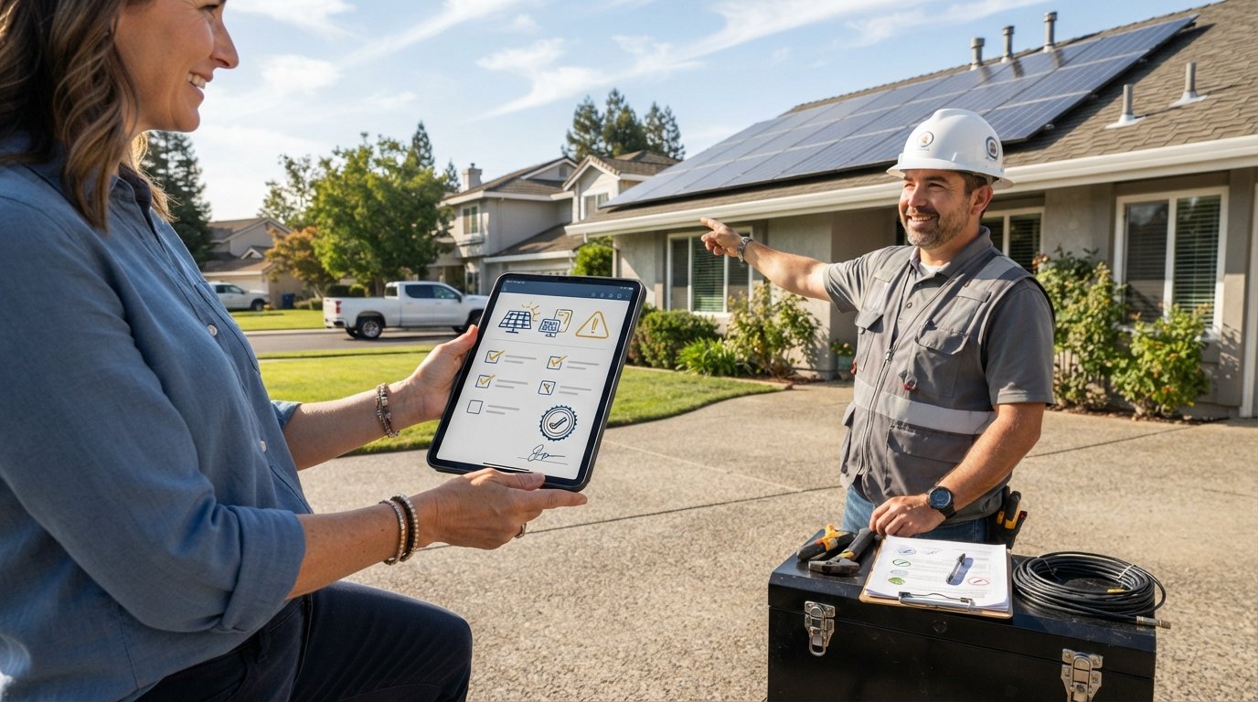 Homeowner holding tablet with solar permit checklist while contractor points to rooftop solar panels in suburban driveway