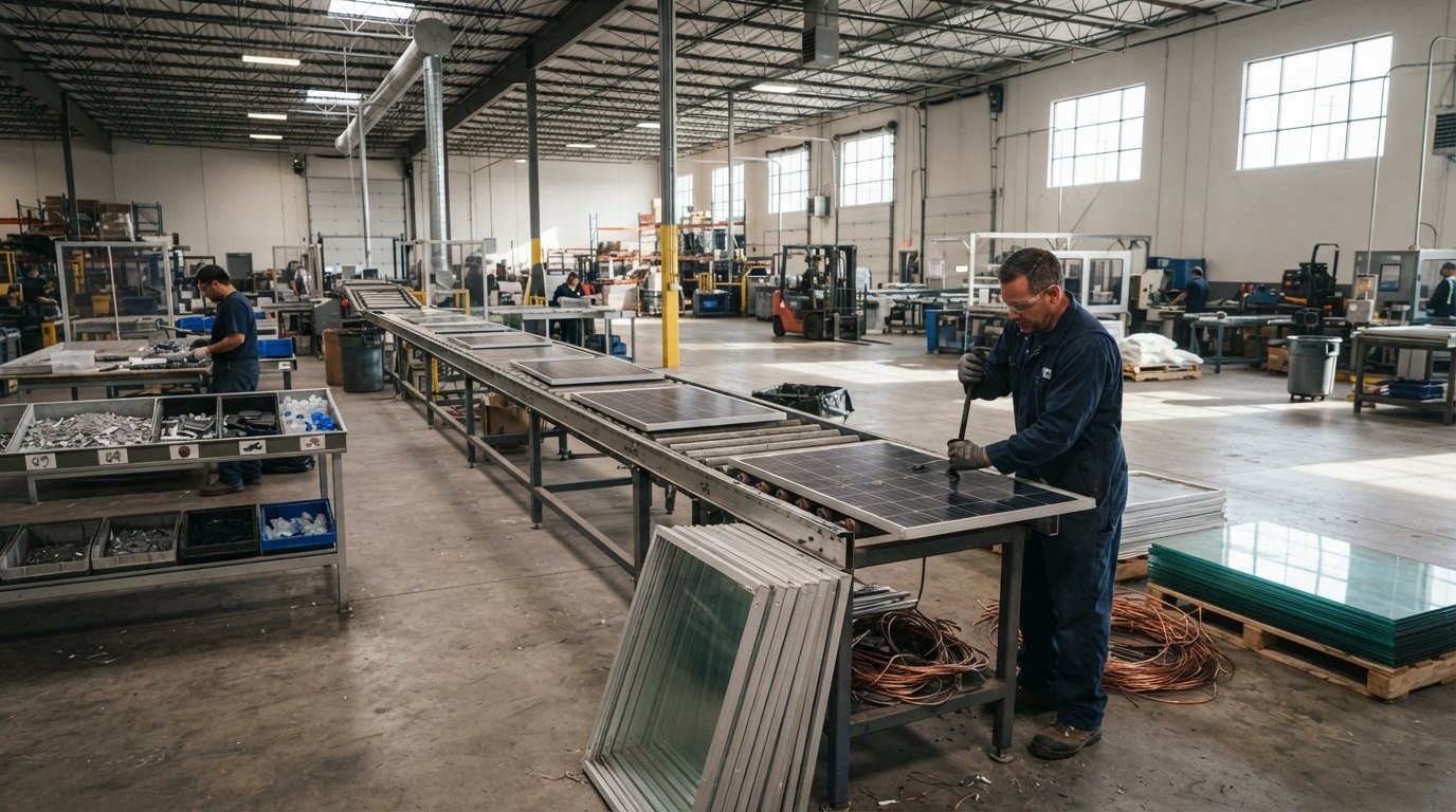Worker in navy uniform and safety glasses removing an aluminum frame from a solar panel at a conveyor in a bright recycling…