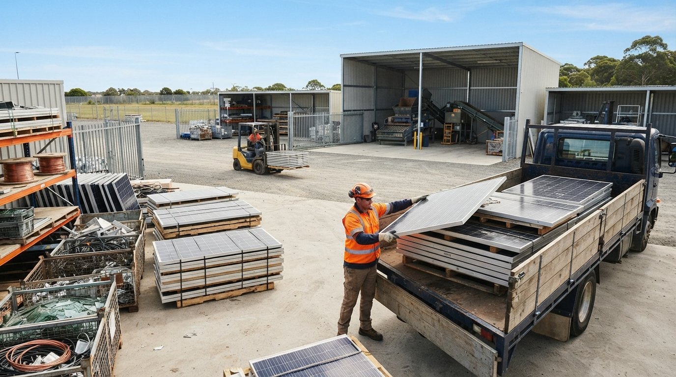 Worker in safety vest and hard hat loading a decommissioned solar panel onto a flatbed truck at an outdoor recycling…