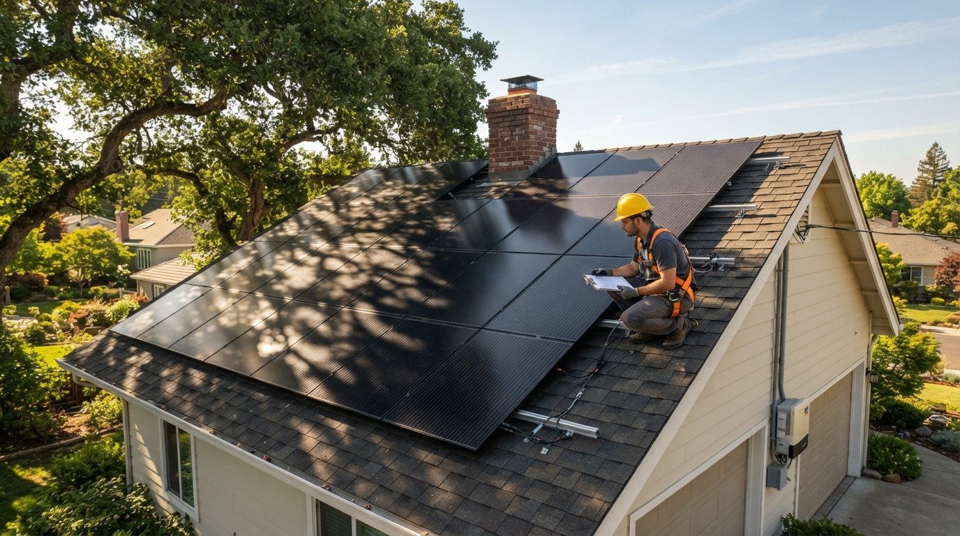 Rooftop solar panels with oak tree shadows and a chimney shadow as an installer in a harness inspects the array with a…