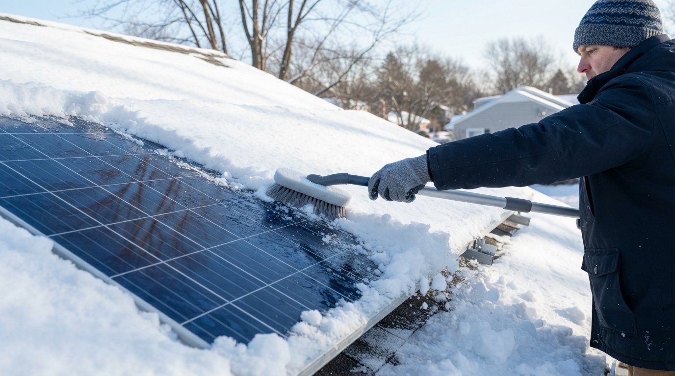 Gloved hand using a soft foam brush to push thick snow off a dark blue solar panel, with a cleared section reflecting…