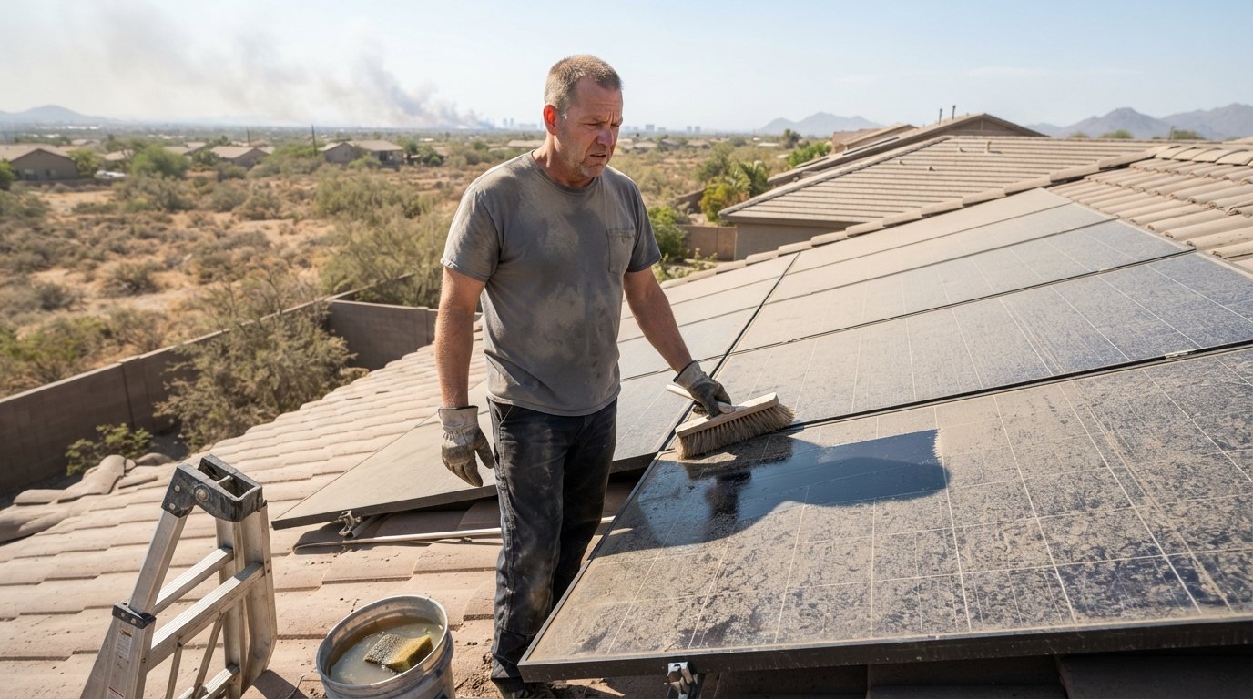Homeowner in work gloves holds a soft brush beside rooftop solar panels coated in tan dust and gray ash under bright sunlight