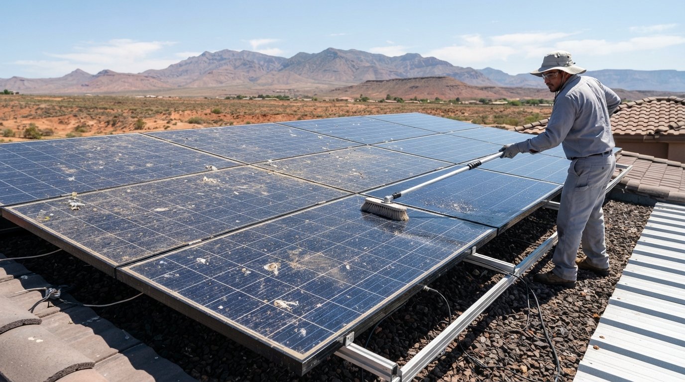Dusty rooftop solar panels with one cleaner panel, a technician in gray uniform holding a soft-bristled brush and water-fed…