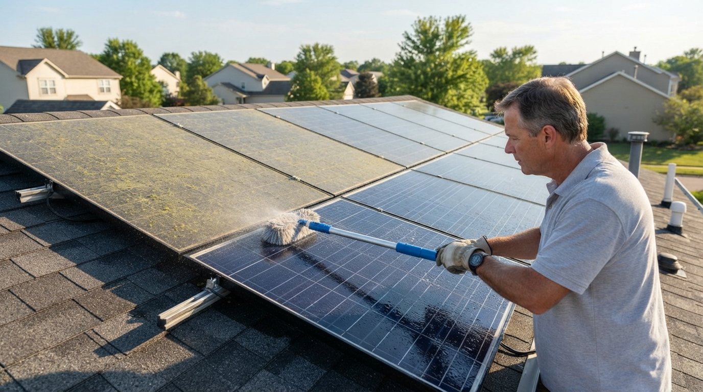 Homeowner in work gloves cleaning a dusty solar panel with an extension pole and water spray while pollen-coated panels sit…