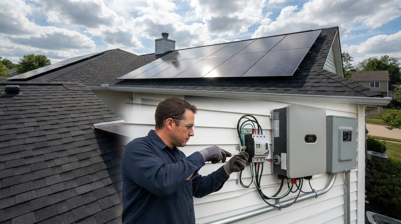 Electrician secures wiring on a silver surge protection device mounted beside a home inverter and breaker panel, with solar…