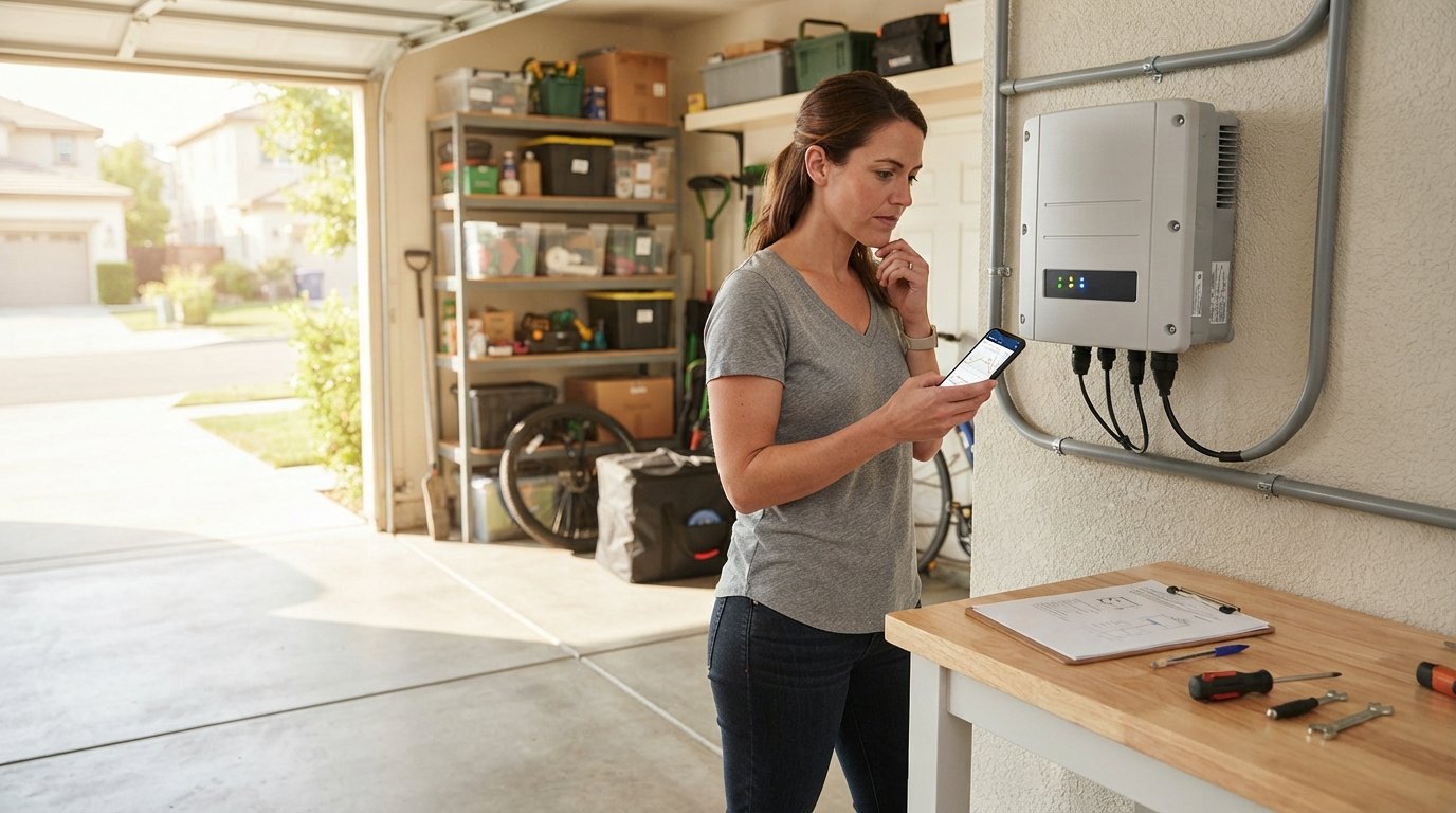Homeowner in a garage holds a smartphone showing a solar monitoring graph while looking at a wall-mounted inverter's…