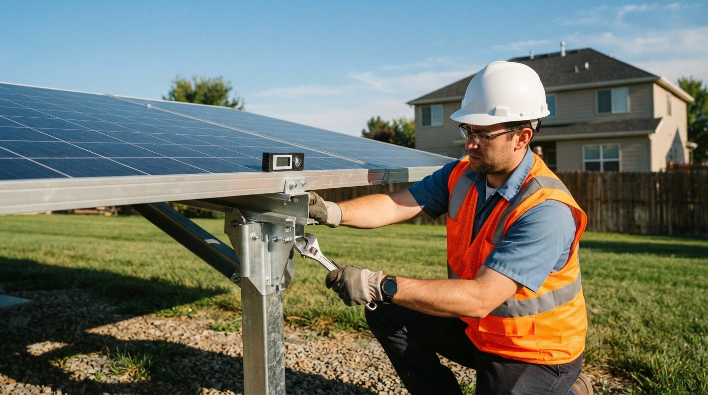 Solar installer in hard hat and safety vest uses a wrench on an adjustable bracket to set the tilt of a ground-mounted…