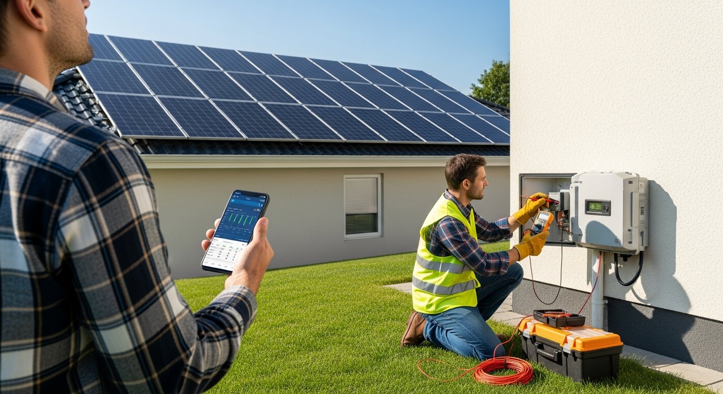 Homeowner with smartphone looks up at rooftop solar panels while an electrician tests an inverter with a multimeter