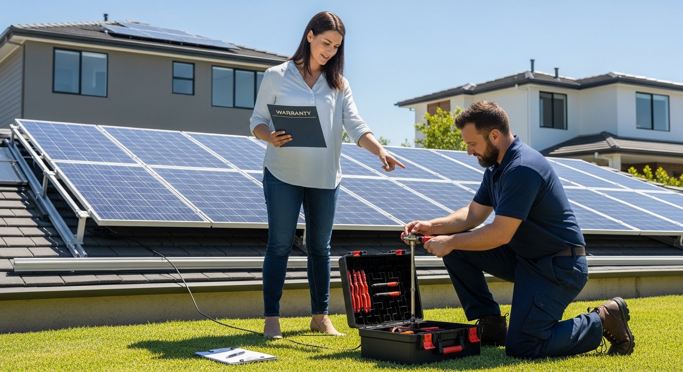 Woman holding a warranty document while a solar installer checks panel wiring in her backyard