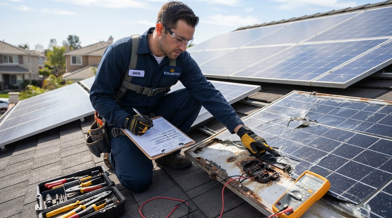 Solar technician in navy uniform and gloves examining a cracked solar panel backsheet on a rooftop with a multimeter and…