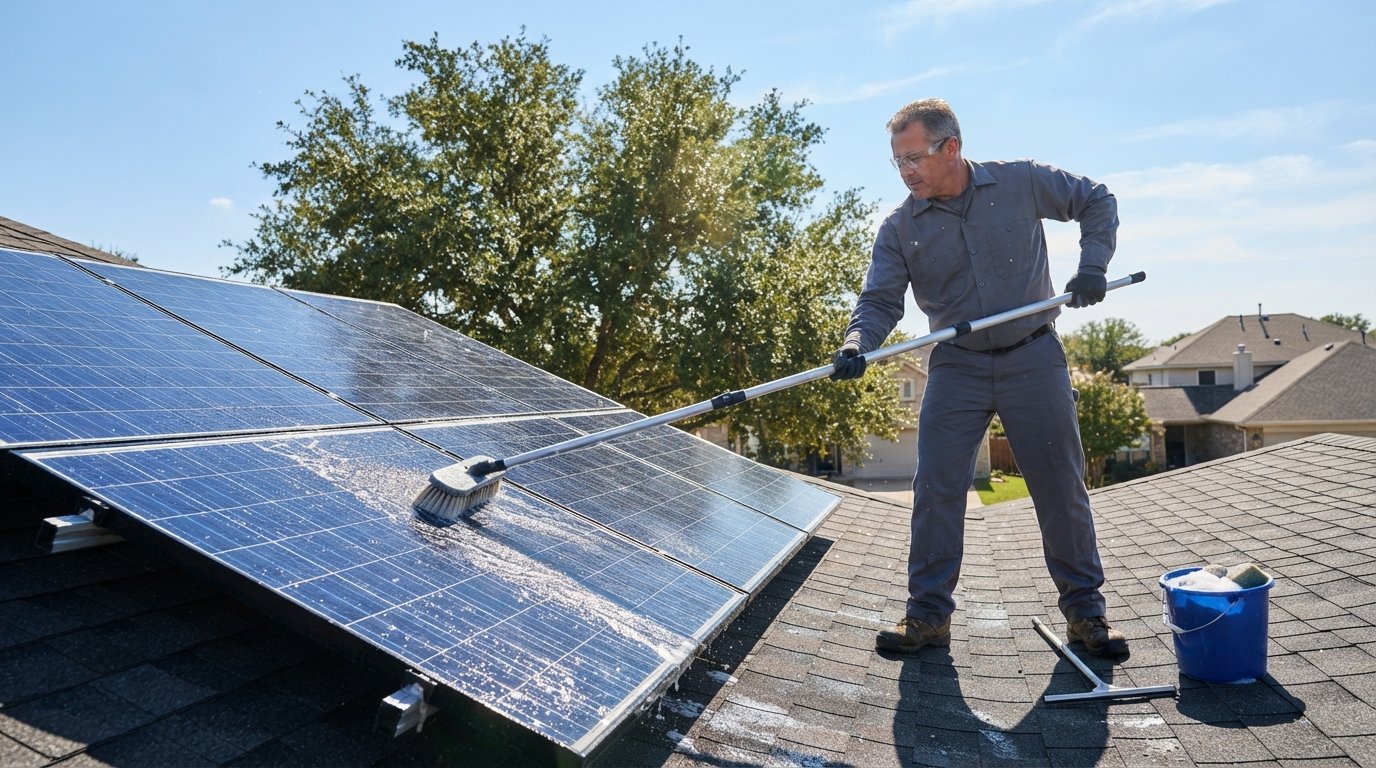A maintenance worker in a gray uniform uses a soft-bristled brush on an extended pole to wash dark blue solar panels on a…