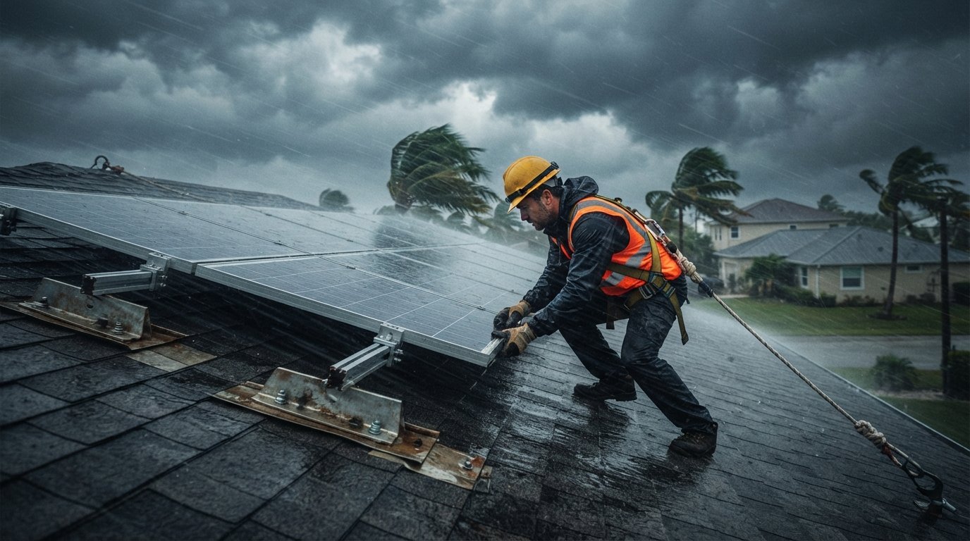 Rooftop solar panels with heavy-duty mounting brackets during a storm as an installer in a safety harness inspects the…