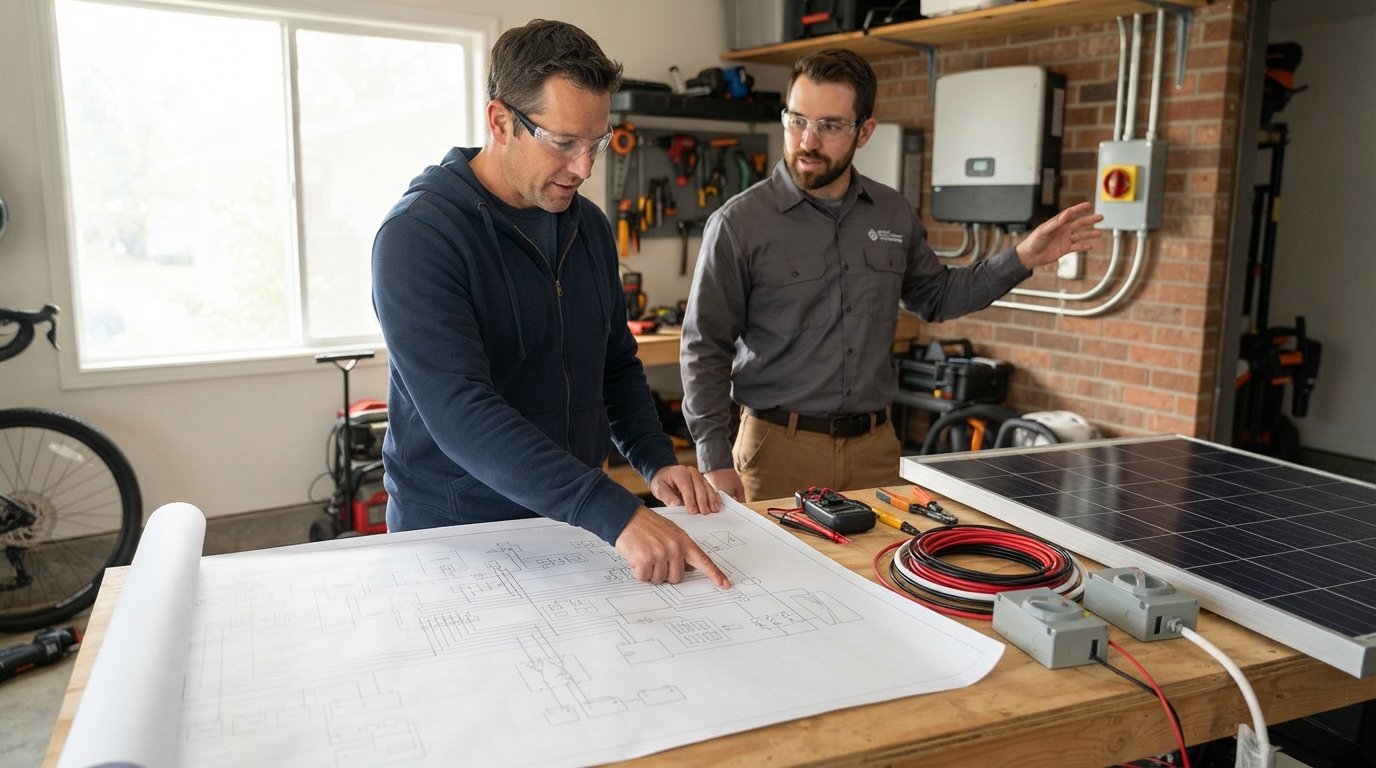 Homeowner pointing at symbols on a printed solar panel wiring diagram while an installer gestures toward an inverter and…